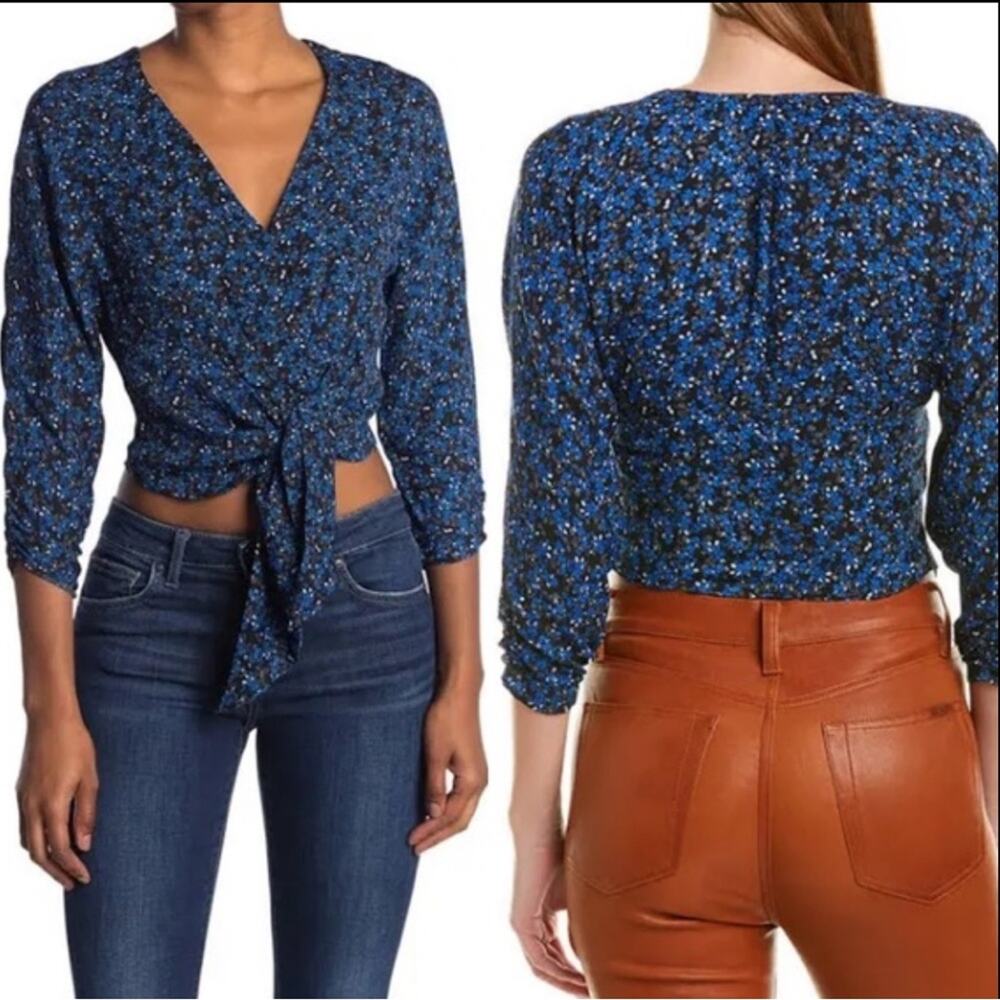 NWT Parker Jasmine Black Blue Floral Tie-Front Blouse